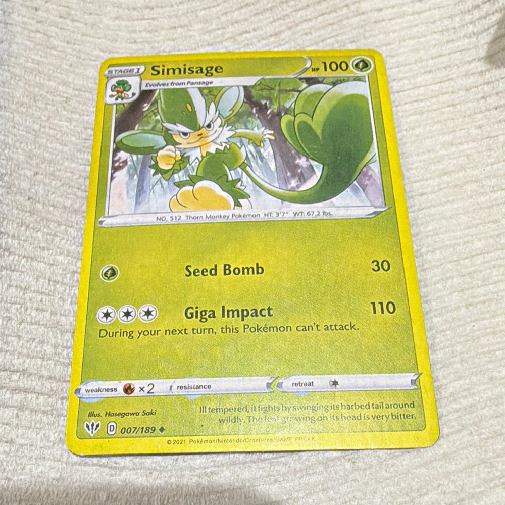 Simisage 007/189 SWSH03 Darkness Ablaze Regular Uncommon Stage 1 English